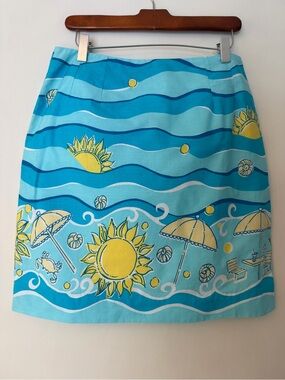 Y2K Lilly Pulitzer Beach Scene Cotton Mini Skirt Blue Yellow Sun Print Size 8
